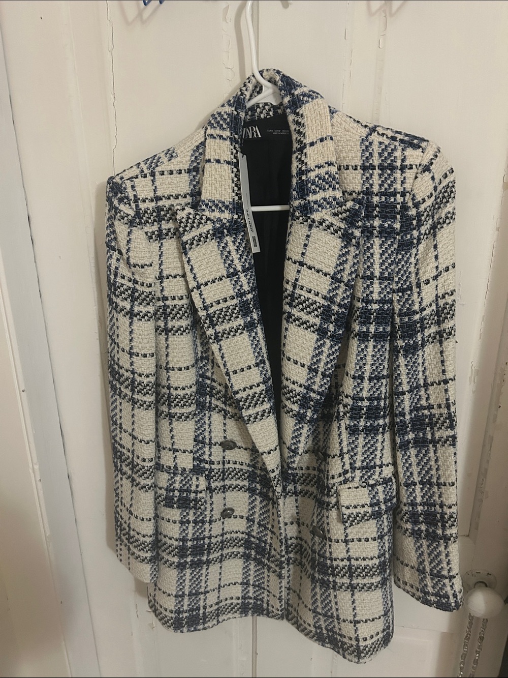Zara Cream and Navy Plaid Tweed Blazer